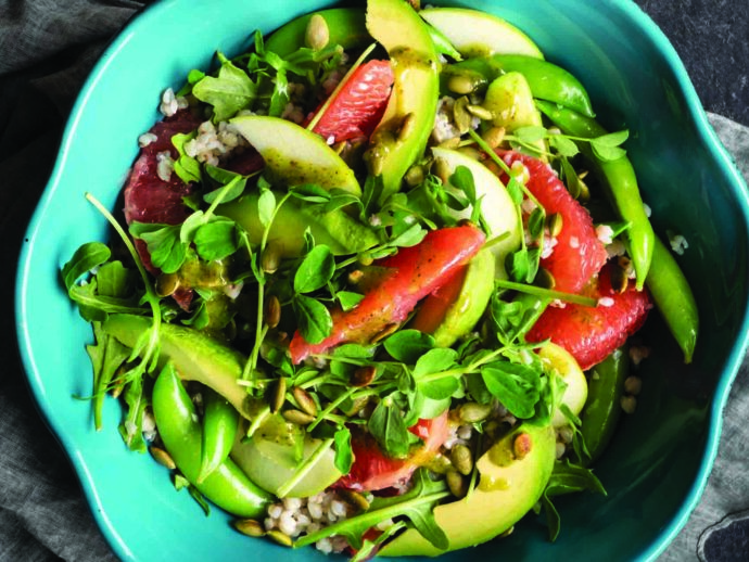 Buckwheat Groats, Greens, and Grapefruit Salad with Chive Vinaigrette