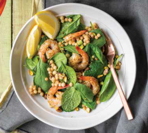 Warm Israeli Couscous and Spinach Salad with Grilled Prawns