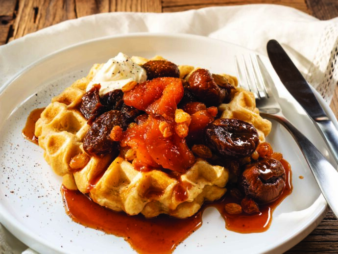 Waffles and winter fruit spiced compote
