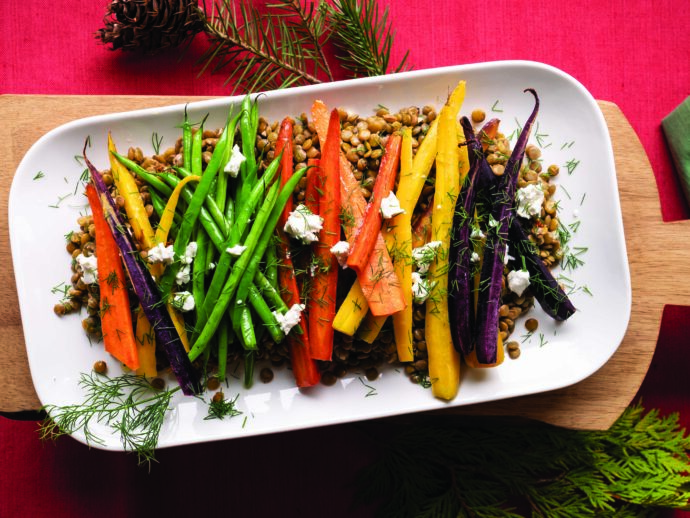 Savoury Lentils with Roasted Vegetables and Goat Cheese