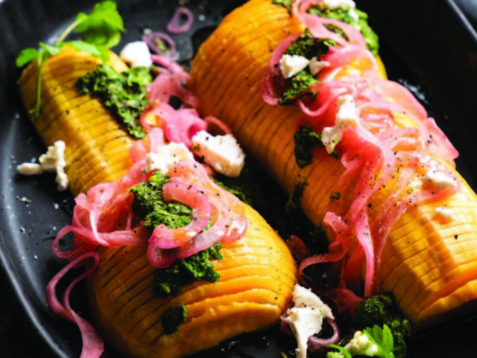 Hasselback Butternut Squash with Spicy Pickled Red Onion and Puréed Herbed Salsa