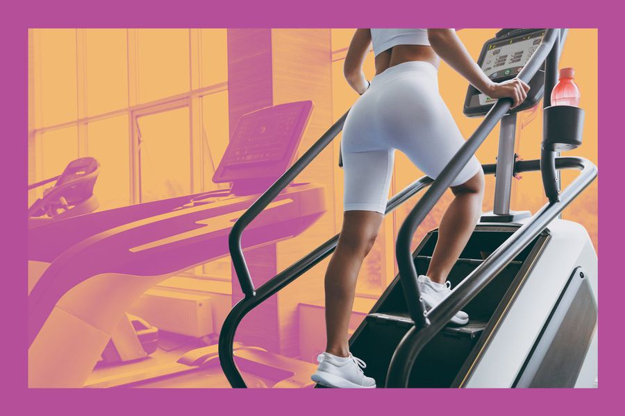 5 Ways to Get a Crazy Good Stair-Climber Workout , Cropped up photo shot back view young strong sporty athletic sportswoman woman in white sportswear warm up train run on a treadmill climber stairs machine in gym indoor Workout sport concept. 5 Ways to Get a Crazy Good Stair-Climber Workout