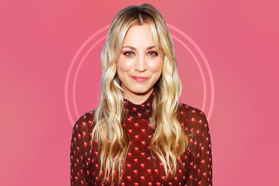 Kaley Cuoco against pink red background