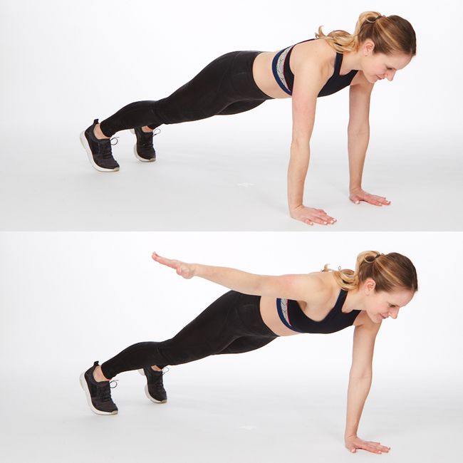 plank with lateral arm raise at-home back exercise for back fat