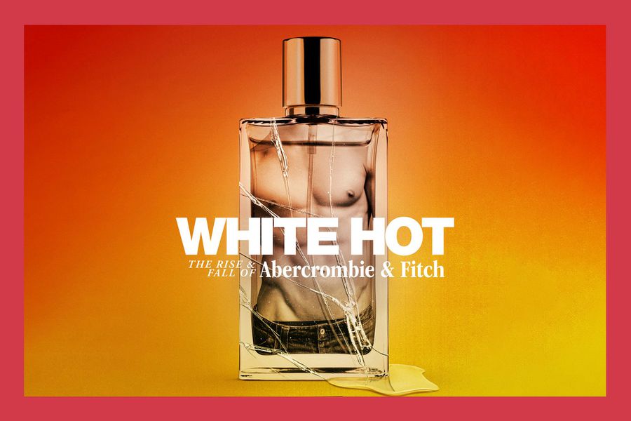 Promotional Poster of Netflix's White Hot: the Rise & Fall of Abercrombie & Fitch; broken perfume bottle with fit male model on bottle