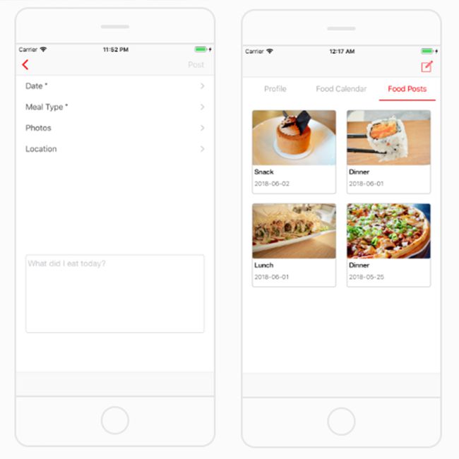 phones displaying food journal app