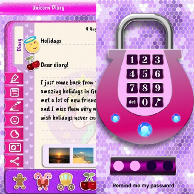 screenshots of diary app