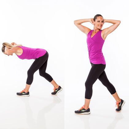 flat stomach standing ab exercises: a woman demonstrating how to do a rotated deadlift standing abs exercise