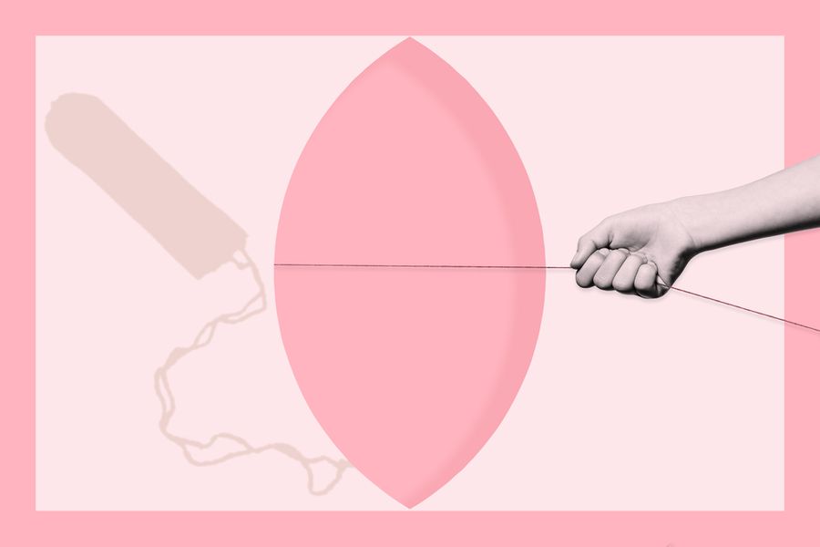 Female hand pulling string from pink shape with tampon shadow
