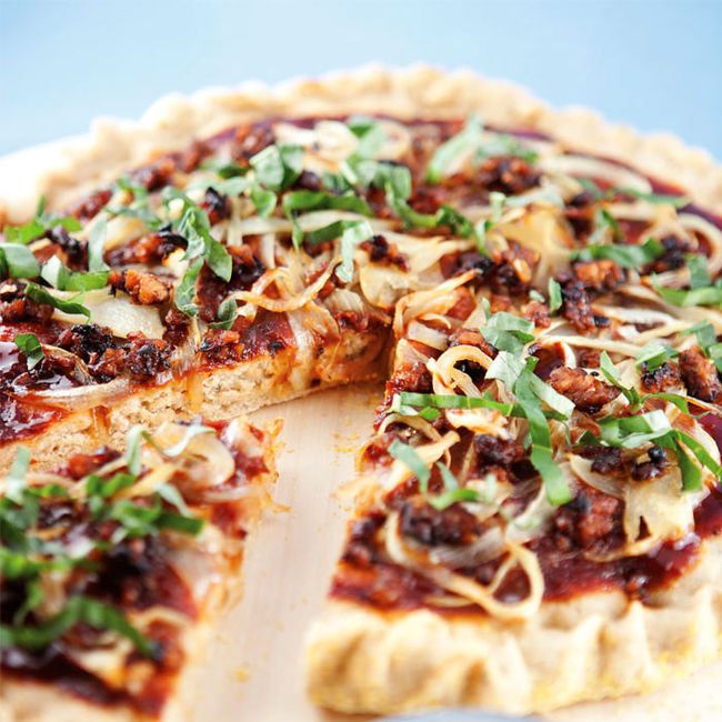 Barbecue Style Pizza with Caramelized Onions, Pineapple, and Tempeh Bacon