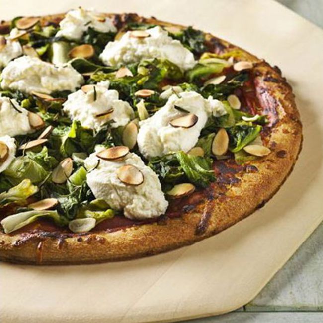 Pizza with Wilted Greens, Ricotta, and Almonds