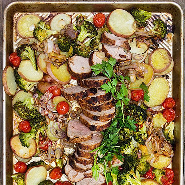 Spice-Crusted Pork Roast, Potatoes, and Vegetables