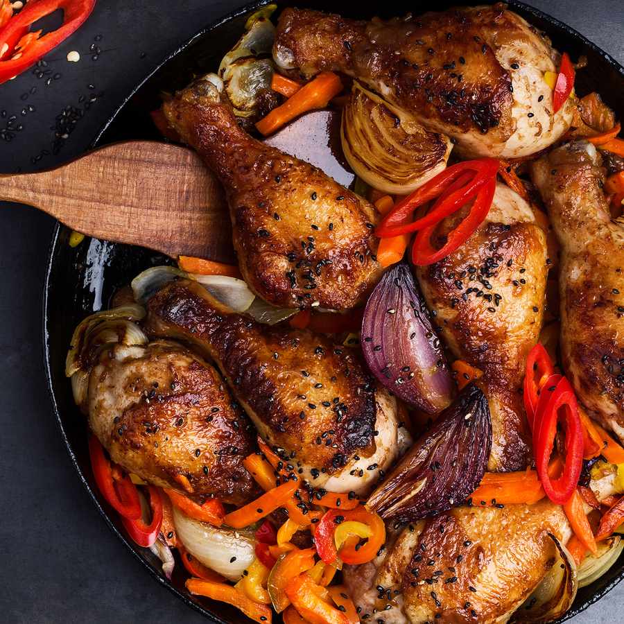 Roasted chile miso chicken drumsticks with bell pepper