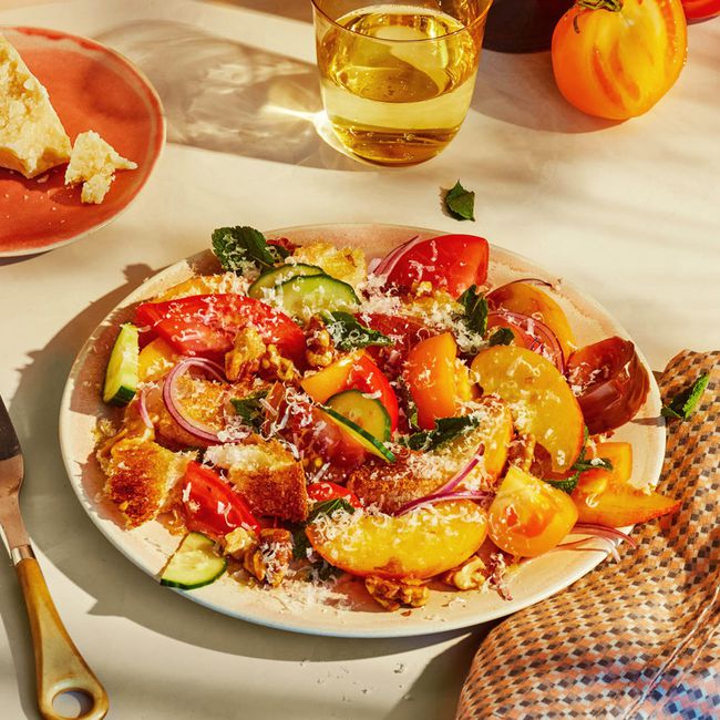 Peach, Cucumber & Tomato Bread Salad With Smashed-Walnut Vinaigrette