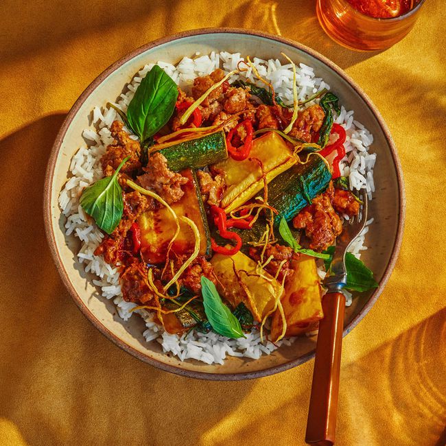 Stir-Fried Squash With Pork, Basil & Peppers Over Rice