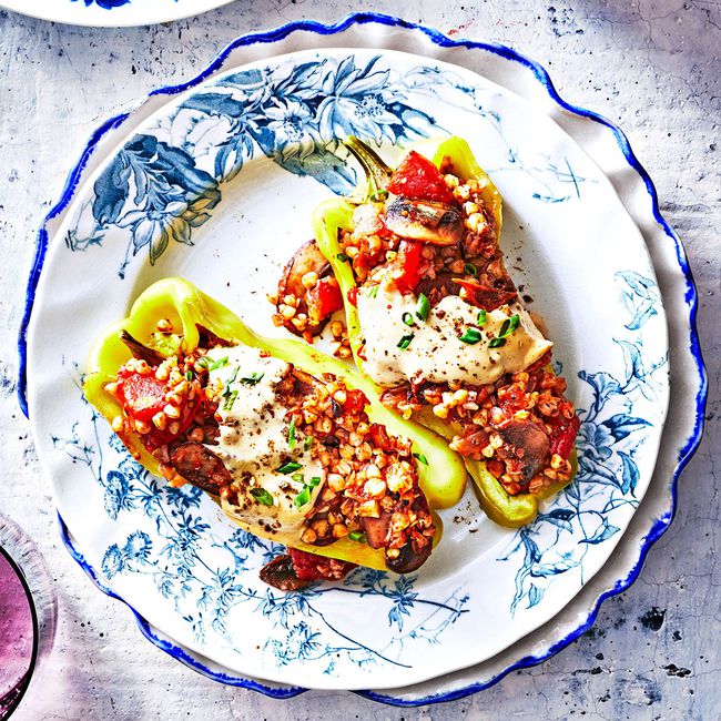 Mushroom-Buckwheat Stuffed Peppers With Za’atar and Mustardy Aioli