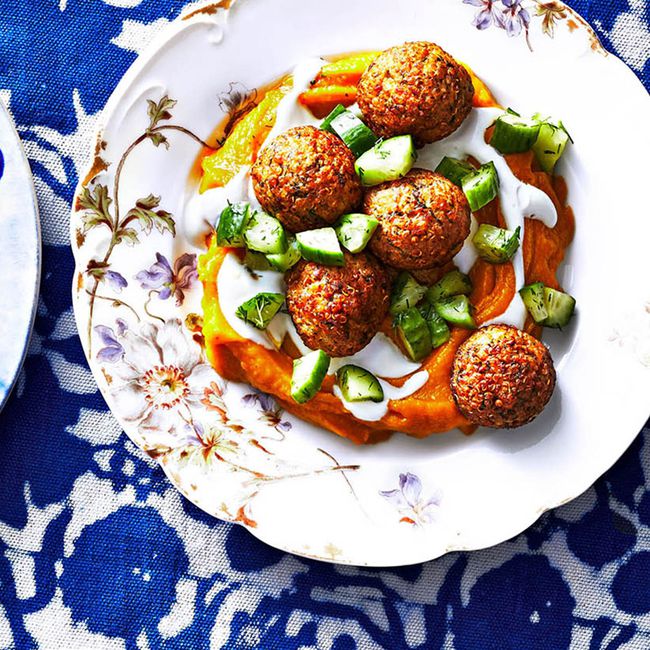 Chicken-Quinoa Meatballs With Kabocha Squash and Yogurt Sauce