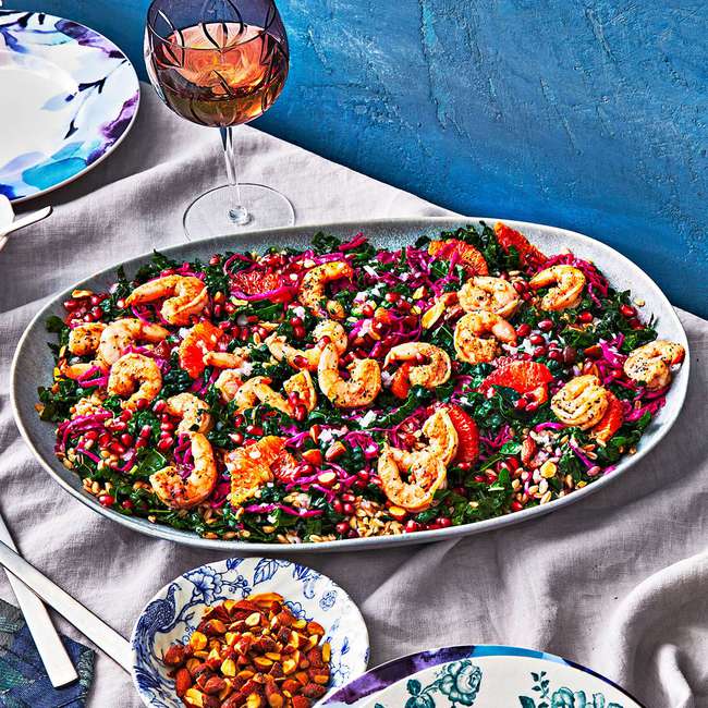 Zesty Winter Salad with Shrimp, Farro and Pickled Poppy Seed Dressing