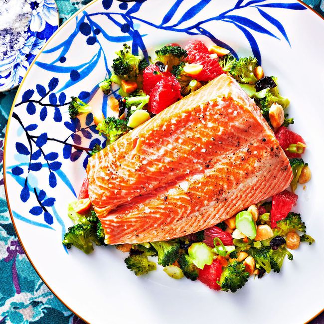 Slow-Roasted Grapefruit-Ginger Salmon and Crisp Broccoli Pilaf