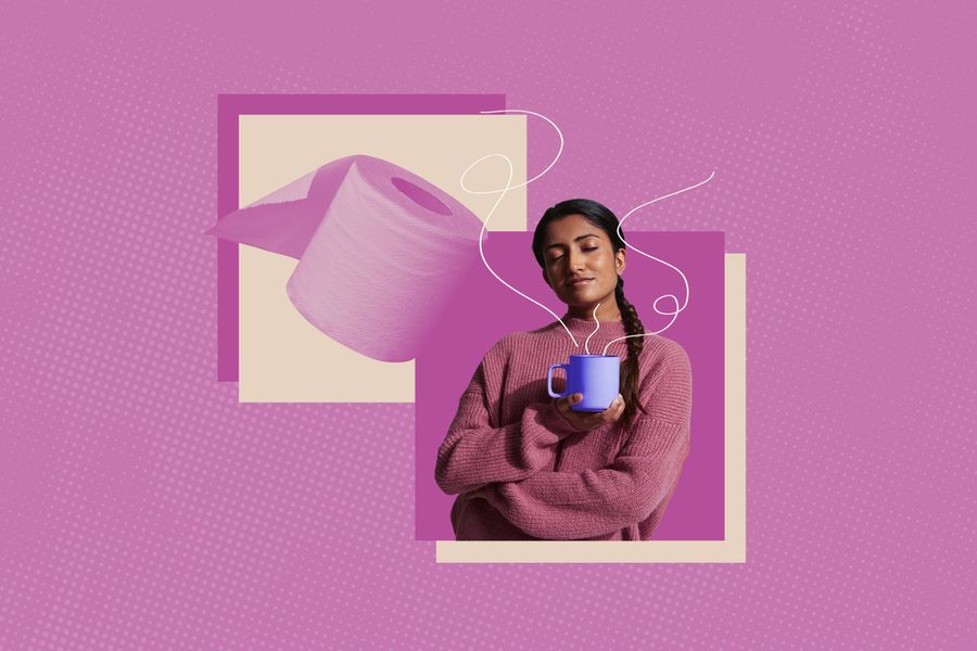 woman smelling coffee toilet paper squares magenta background