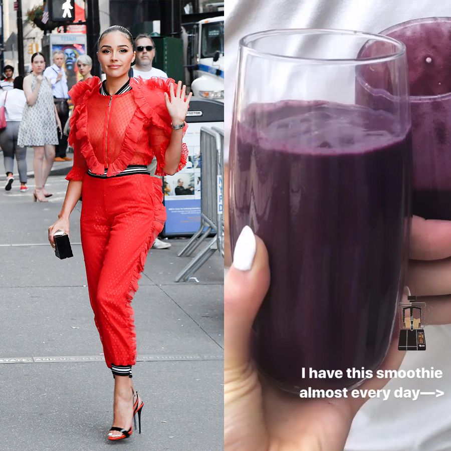 Olivia Culpo on the streets of New York next to a purple smoothie